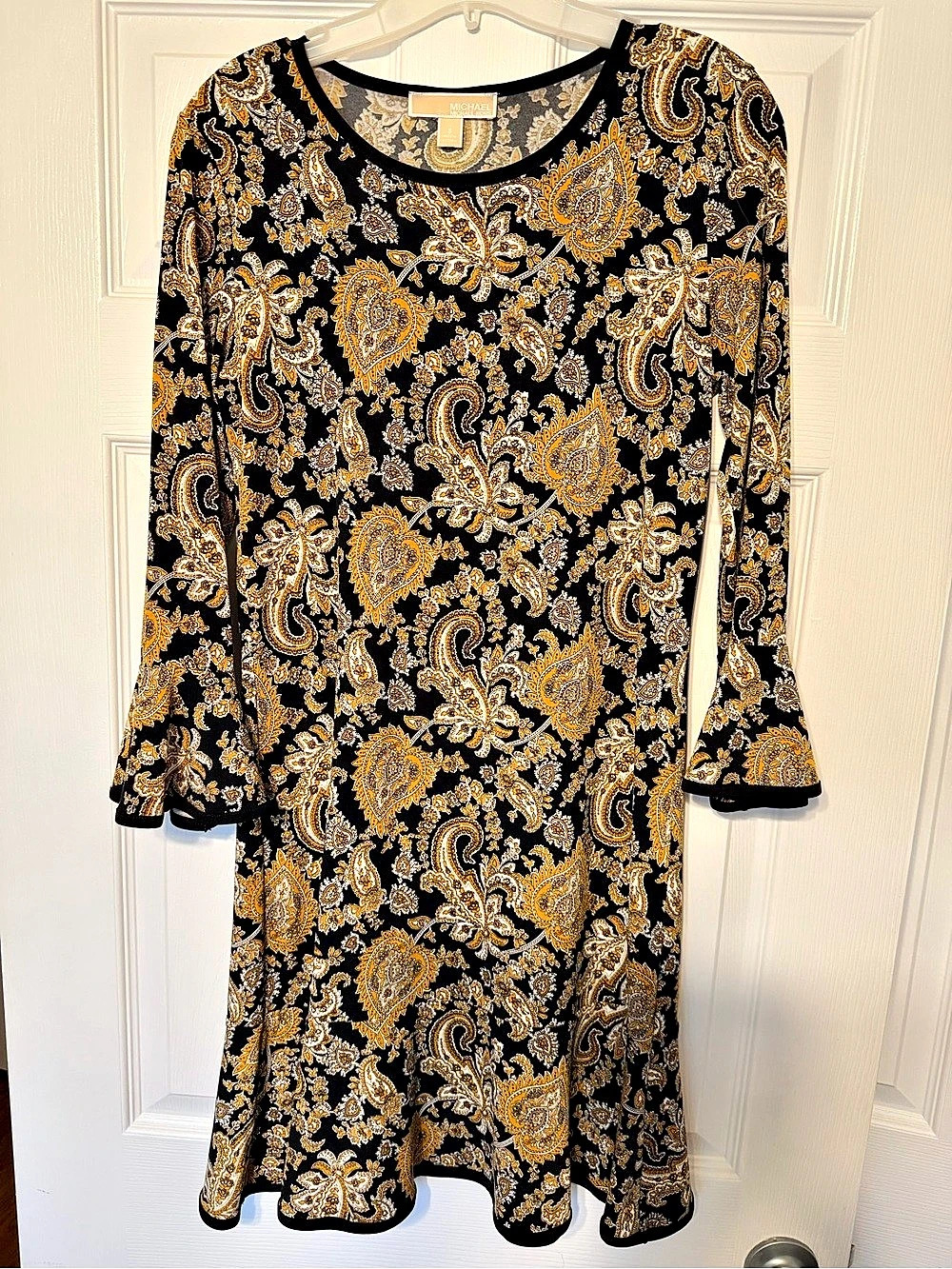 Michael Kors Paisley Mini Dress in Black & Gold Size Small Like New
